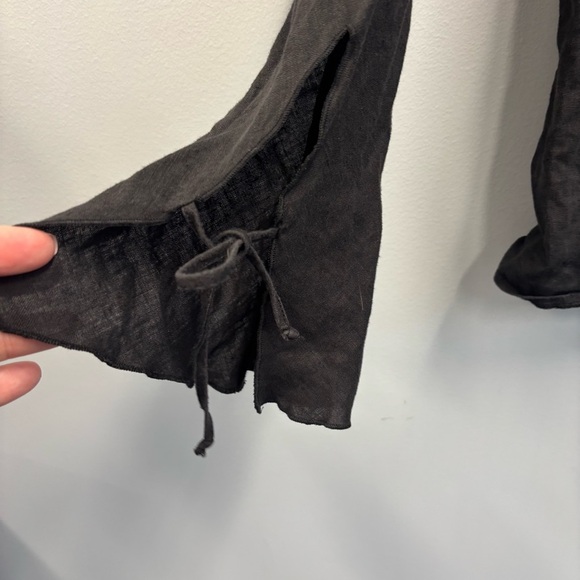 Emozioni Linen Cardigan Top Black Ruffled Tie front and wrists - Picture 7 of 14